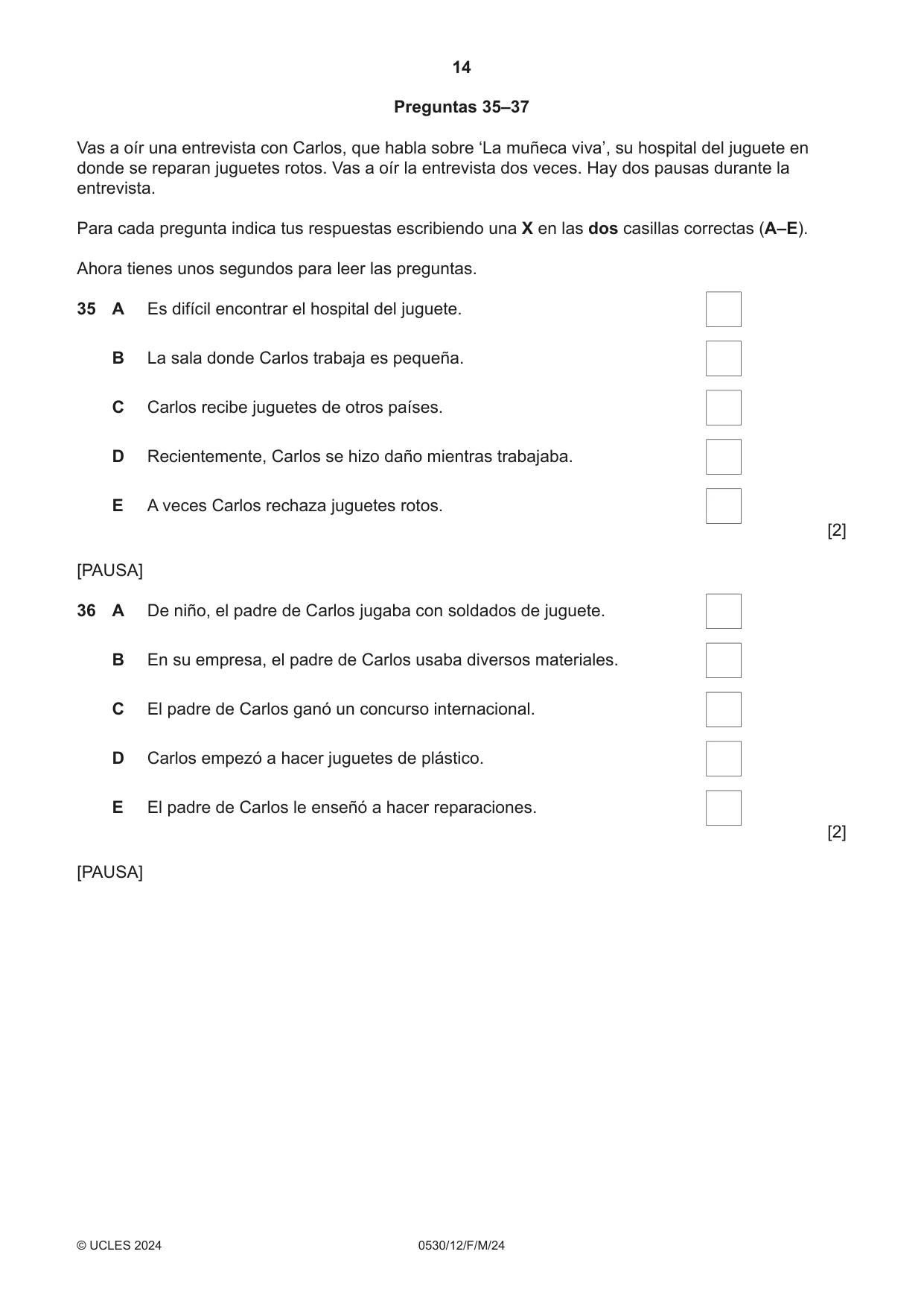 Cambridge IGCSE Spanish - Foreign Language 0530 2024 Feb/March Paper 1 · Variant 2 question paper, page 14 of 16