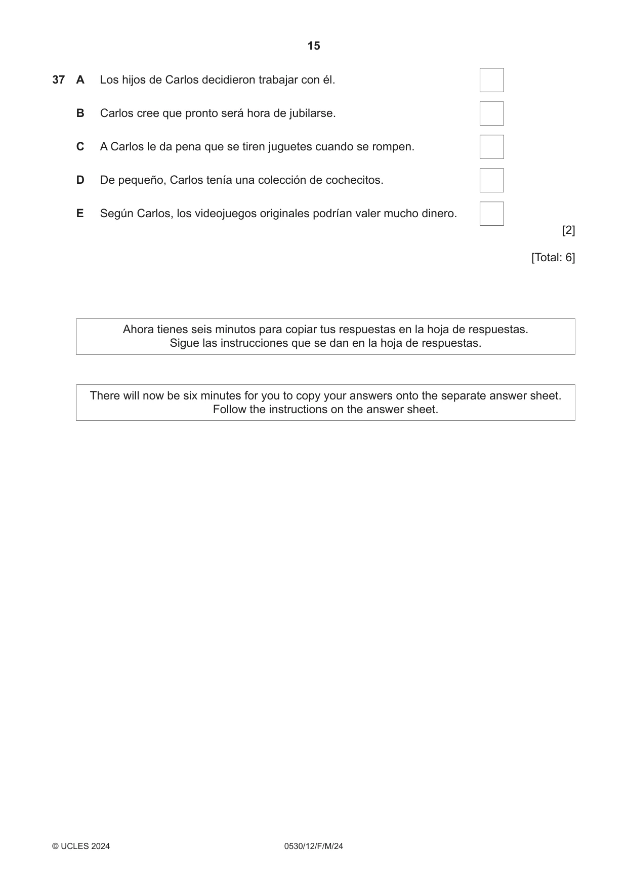 Cambridge IGCSE Spanish - Foreign Language 0530 2024 Feb/March Paper 1 · Variant 2 question paper, page 15 of 16