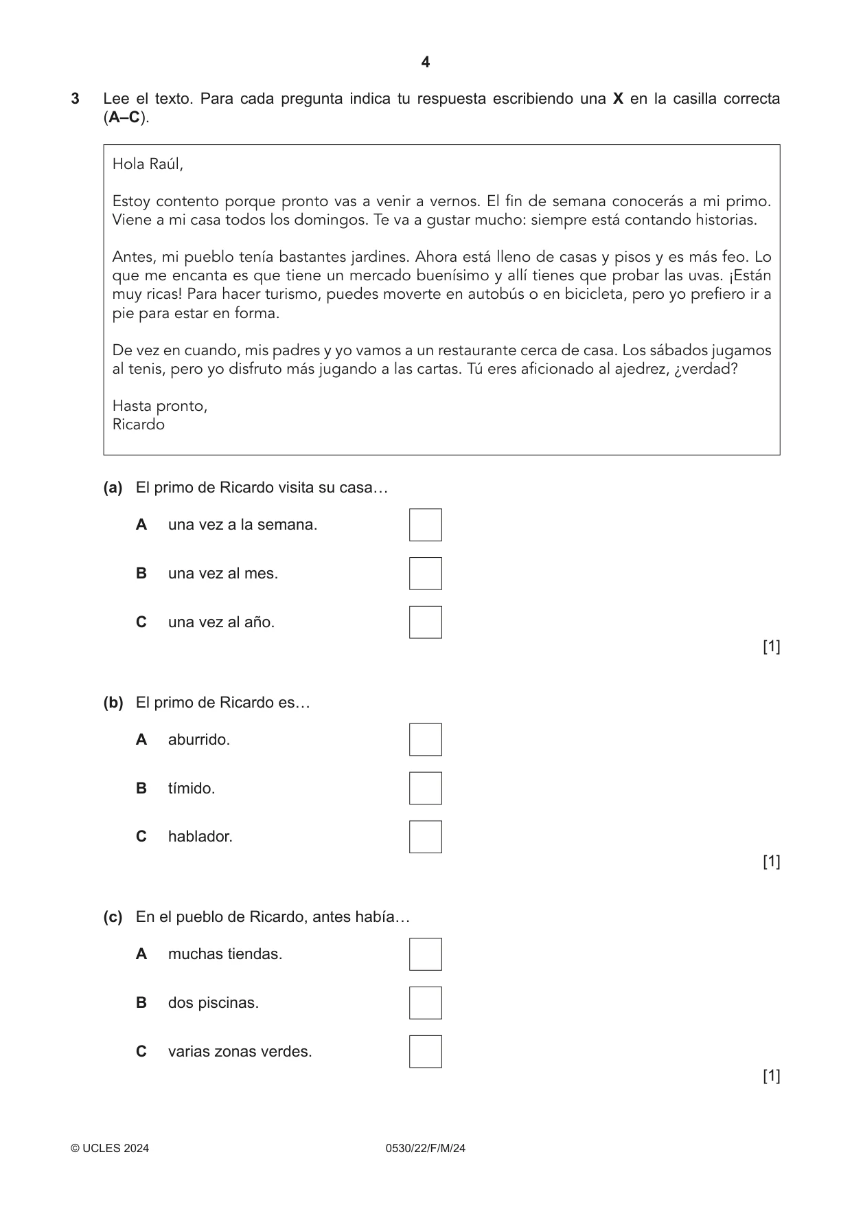 Cambridge IGCSE Spanish - Foreign Language 0530 2024 Feb/March Paper 2 · Variant 2 question paper, page 4 of 12