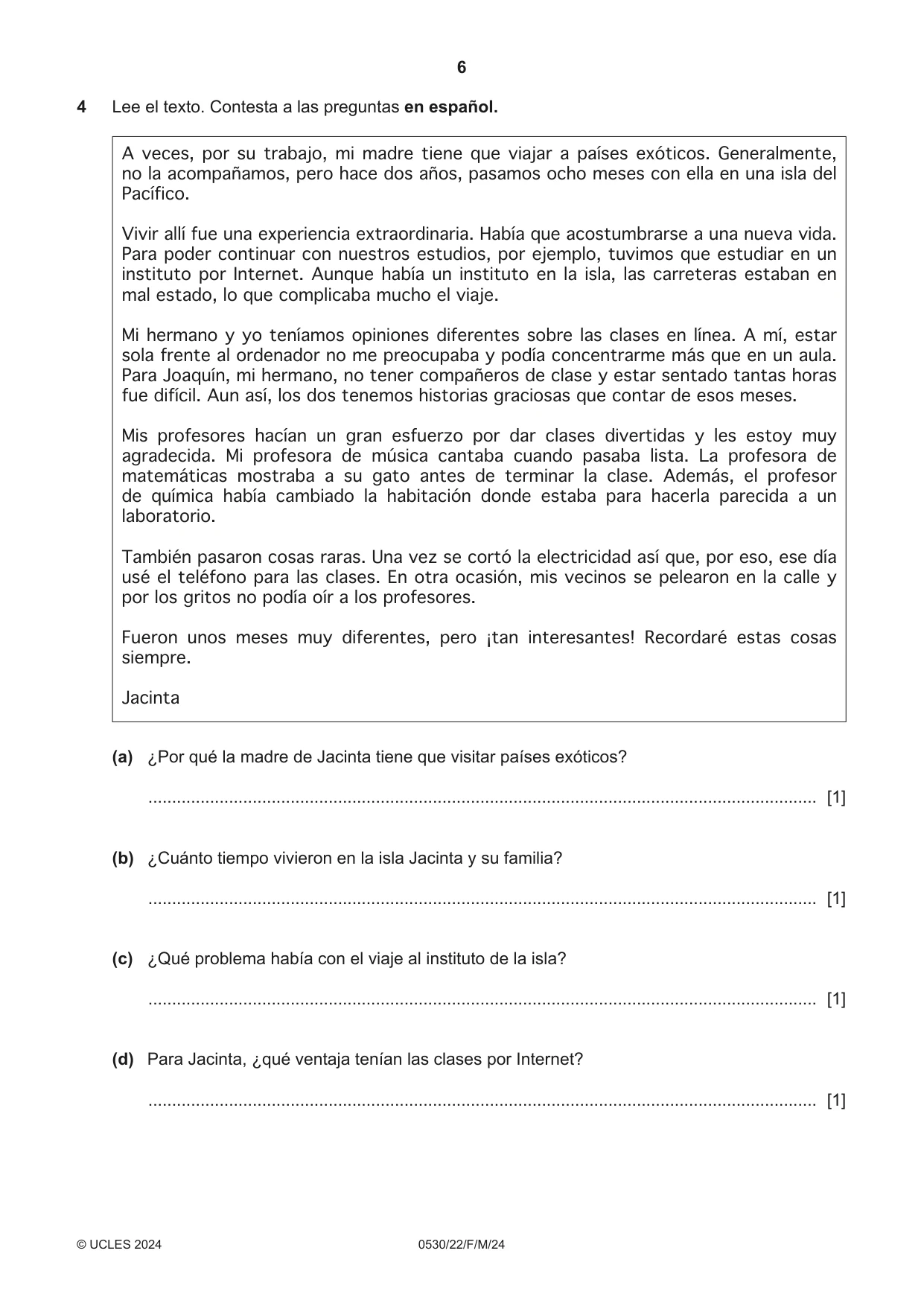 Cambridge IGCSE Spanish - Foreign Language 0530 2024 Feb/March Paper 2 · Variant 2 question paper, page 6 of 12