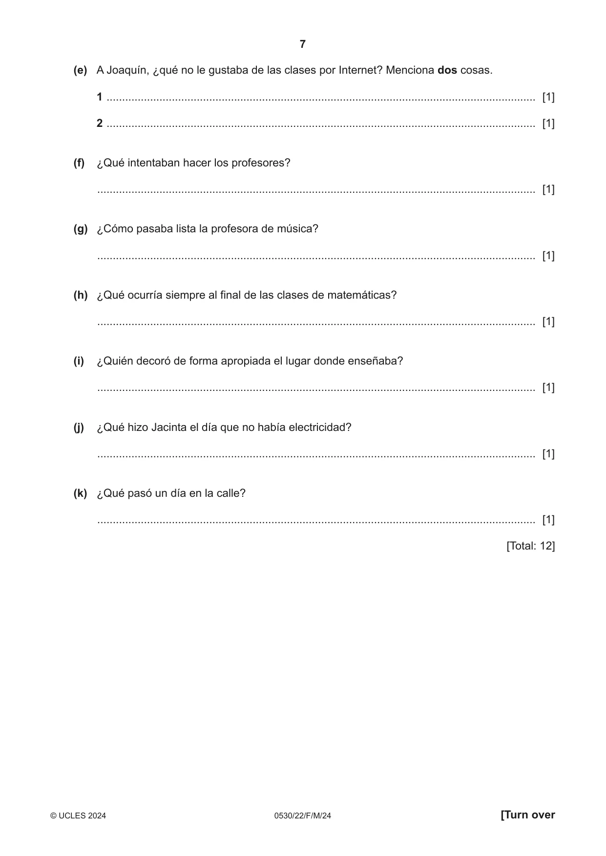 Cambridge IGCSE Spanish - Foreign Language 0530 2024 Feb/March Paper 2 · Variant 2 question paper, page 7 of 12