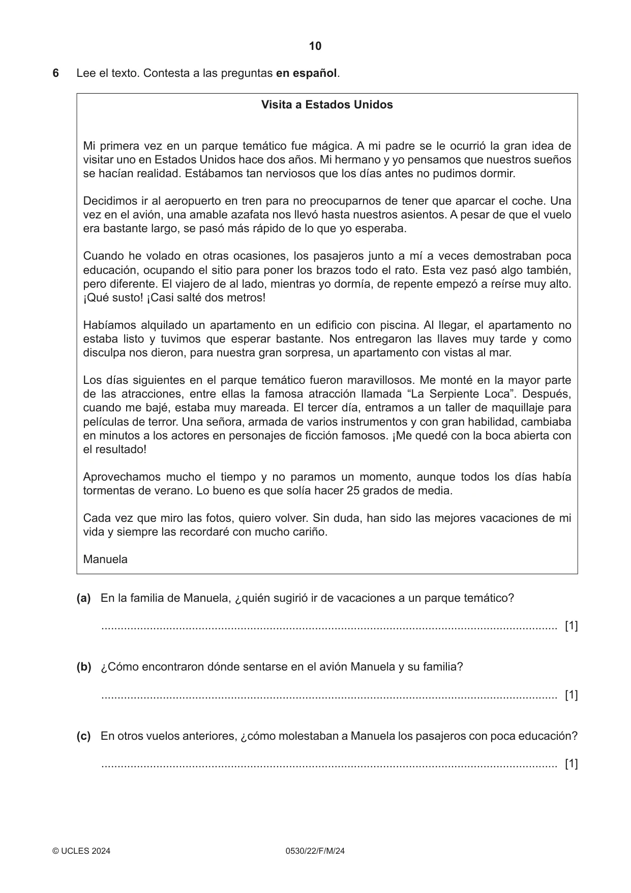 Cambridge IGCSE Spanish - Foreign Language 0530 2024 Feb/March Paper 2 · Variant 2 question paper, page 10 of 12