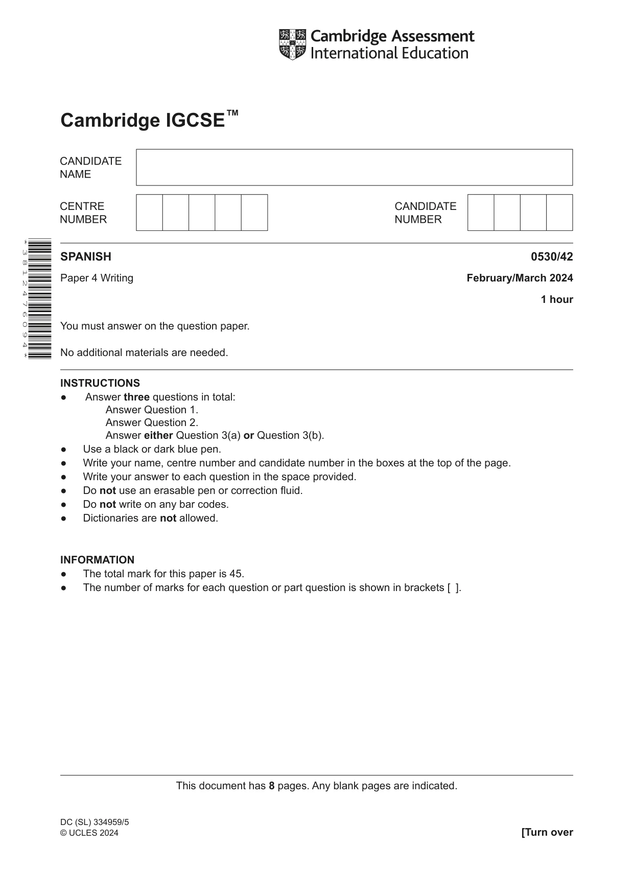 Cambridge IGCSE Spanish - Foreign Language 0530 2024 Feb/March Paper 4 · Variant 2 question paper, page 1 of 8