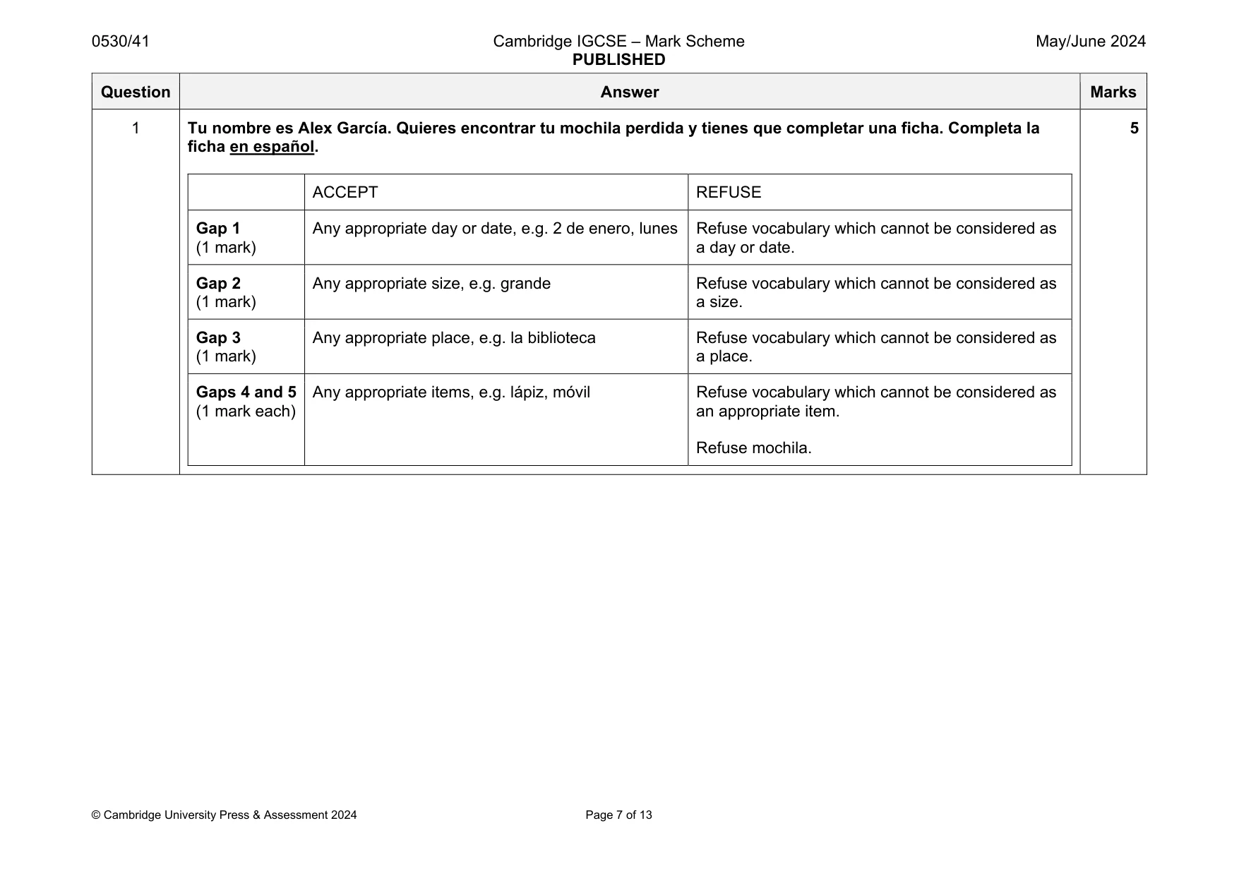 Mark scheme, page 7 of 13
