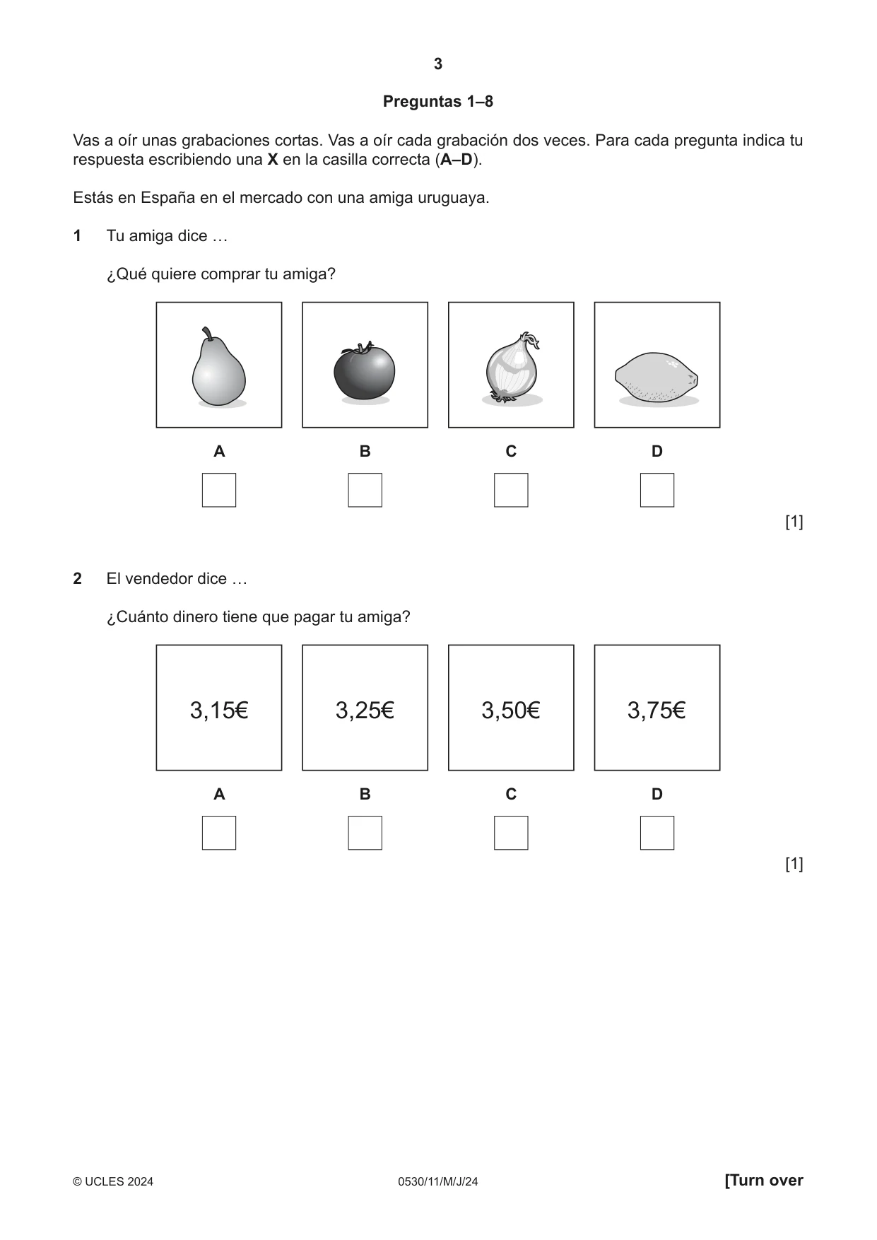 Cambridge IGCSE Spanish - Foreign Language 0530 2024 May/June Paper 1 · Variant 1 question paper, page 3 of 16