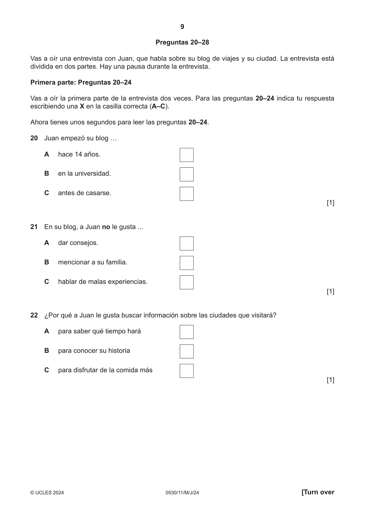 Cambridge IGCSE Spanish - Foreign Language 0530 2024 May/June Paper 1 · Variant 1 question paper, page 9 of 16