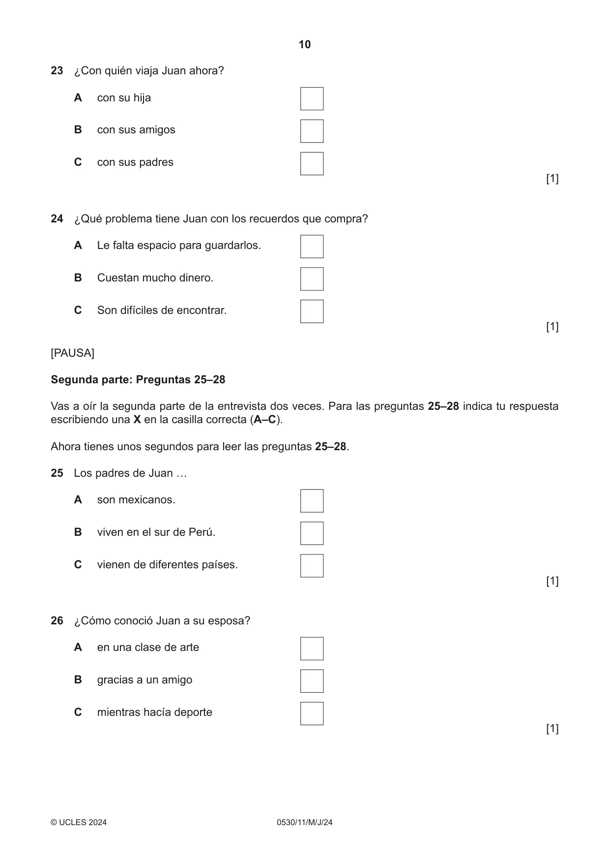 Cambridge IGCSE Spanish - Foreign Language 0530 2024 May/June Paper 1 · Variant 1 question paper, page 10 of 16