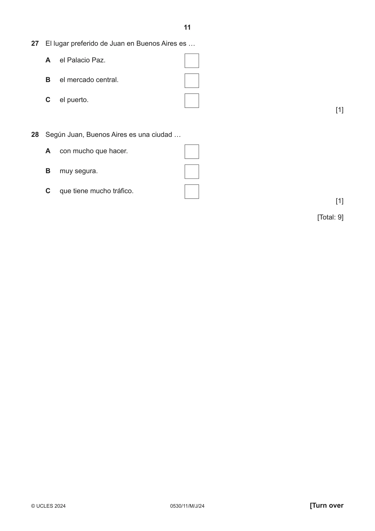 Cambridge IGCSE Spanish - Foreign Language 0530 2024 May/June Paper 1 · Variant 1 question paper, page 11 of 16
