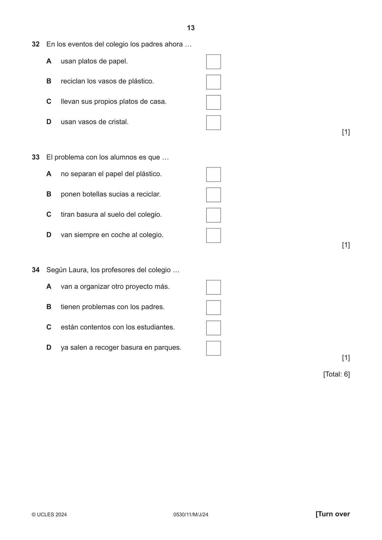 Cambridge IGCSE Spanish - Foreign Language 0530 2024 May/June Paper 1 · Variant 1 question paper, page 13 of 16