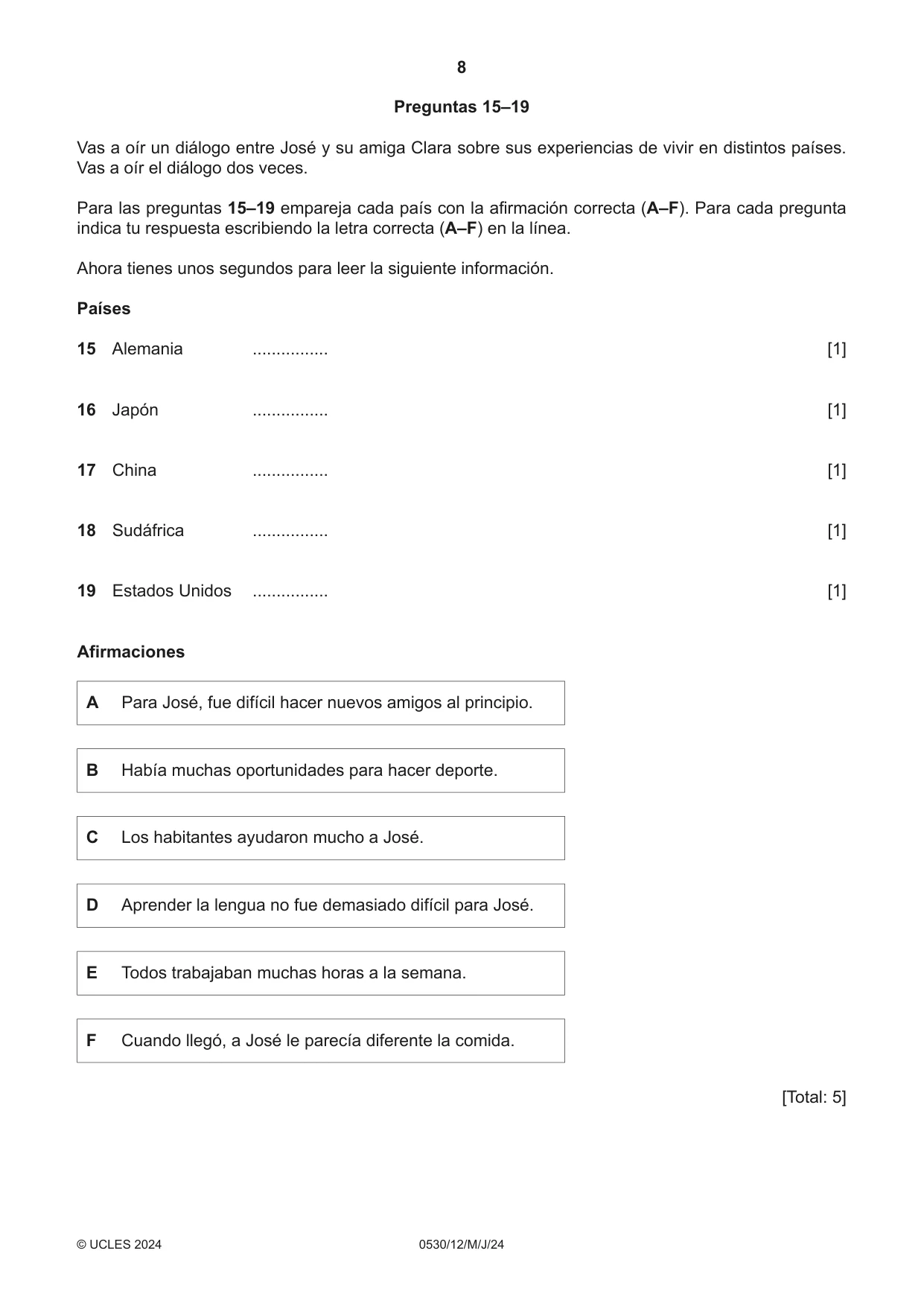 Cambridge IGCSE Spanish - Foreign Language 0530 2024 May/June Paper 1 · Variant 2 question paper, page 8 of 16