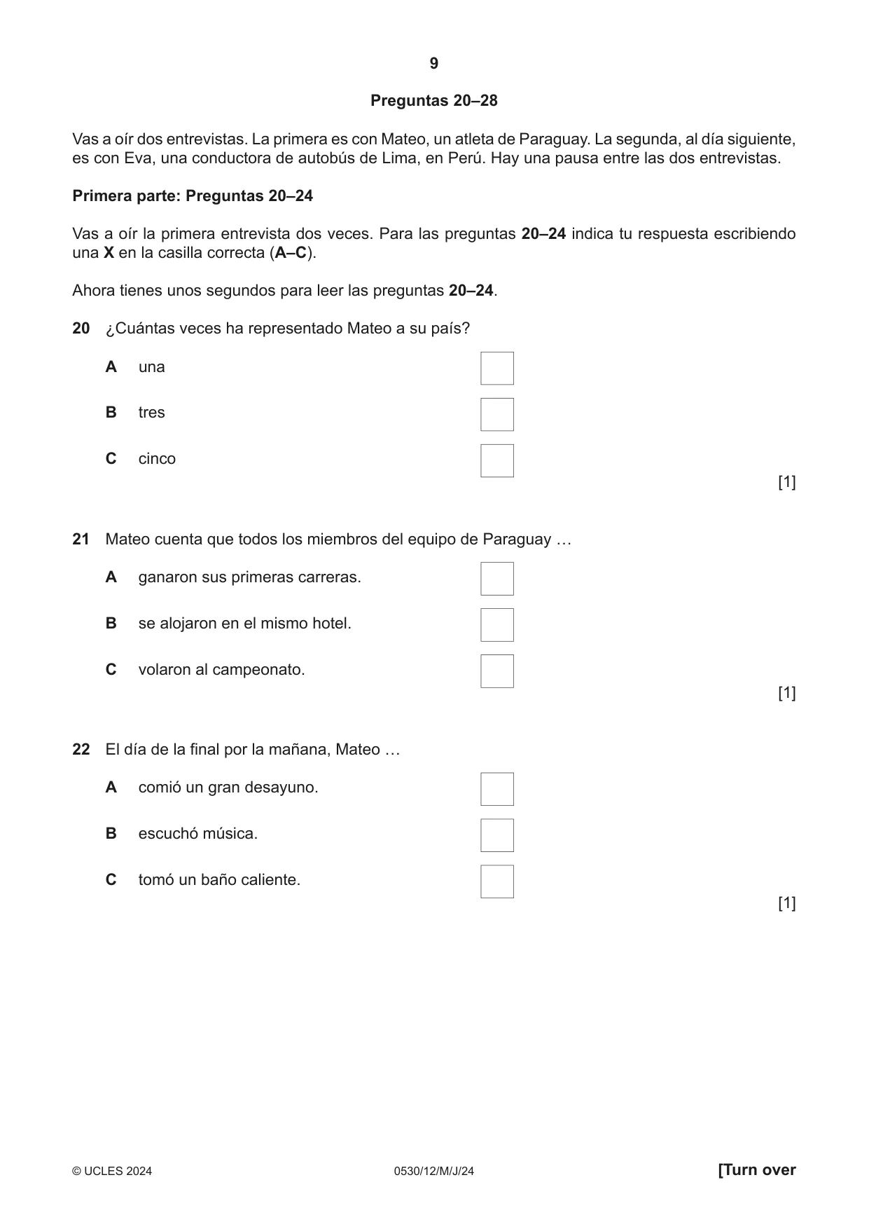 Cambridge IGCSE Spanish - Foreign Language 0530 2024 May/June Paper 1 · Variant 2 question paper, page 9 of 16