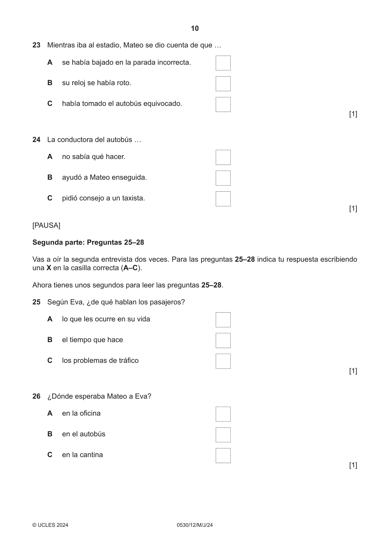 Cambridge IGCSE Spanish - Foreign Language 0530 2024 May/June Paper 1 · Variant 2 question paper, page 10 of 16
