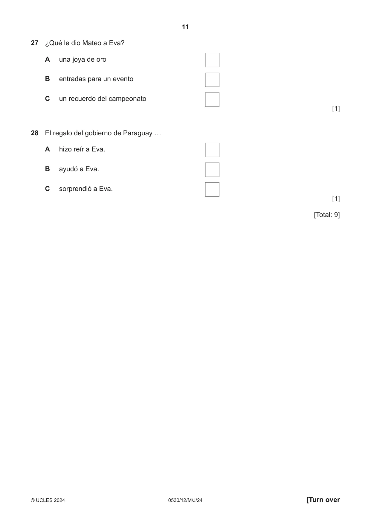 Cambridge IGCSE Spanish - Foreign Language 0530 2024 May/June Paper 1 · Variant 2 question paper, page 11 of 16