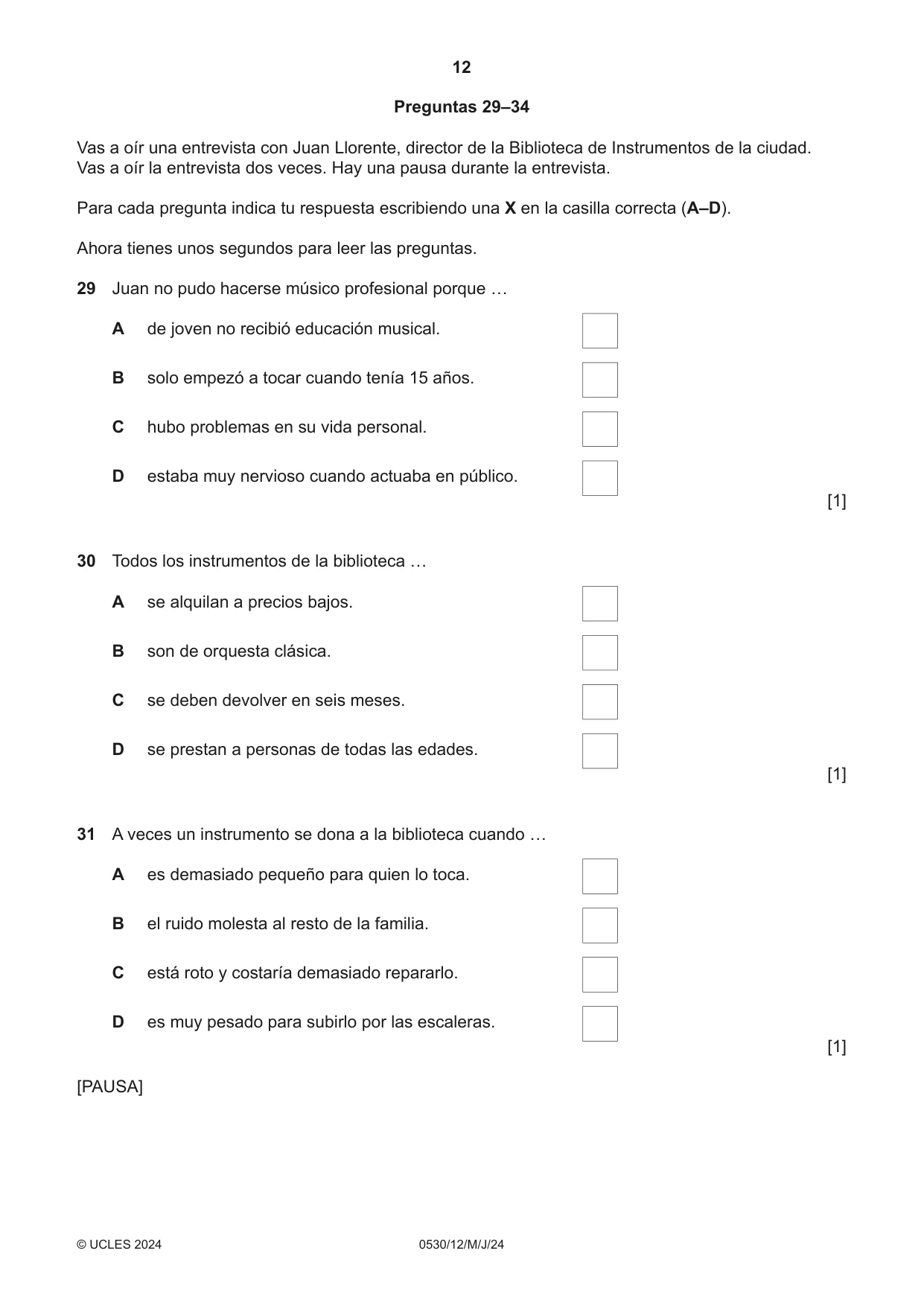 Cambridge IGCSE Spanish - Foreign Language 0530 2024 May/June Paper 1 · Variant 2 question paper, page 12 of 16
