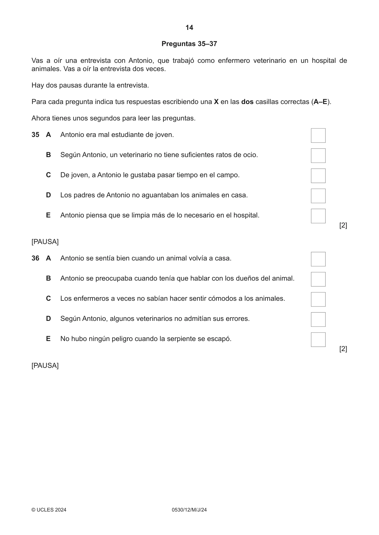 Cambridge IGCSE Spanish - Foreign Language 0530 2024 May/June Paper 1 · Variant 2 question paper, page 14 of 16