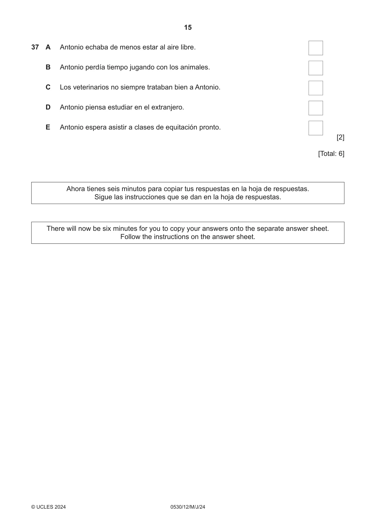Cambridge IGCSE Spanish - Foreign Language 0530 2024 May/June Paper 1 · Variant 2 question paper, page 15 of 16