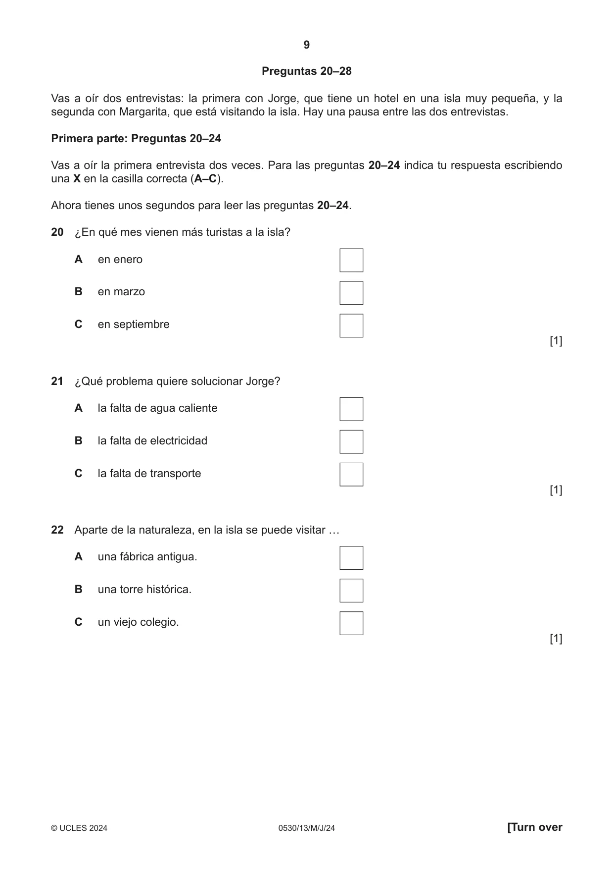Cambridge IGCSE Spanish - Foreign Language 0530 2024 May/June Paper 1 · Variant 3 question paper, page 9 of 16
