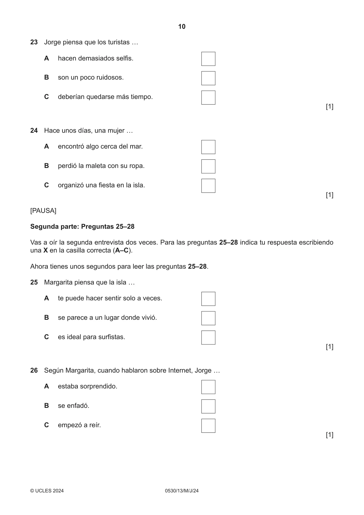 Cambridge IGCSE Spanish - Foreign Language 0530 2024 May/June Paper 1 · Variant 3 question paper, page 10 of 16