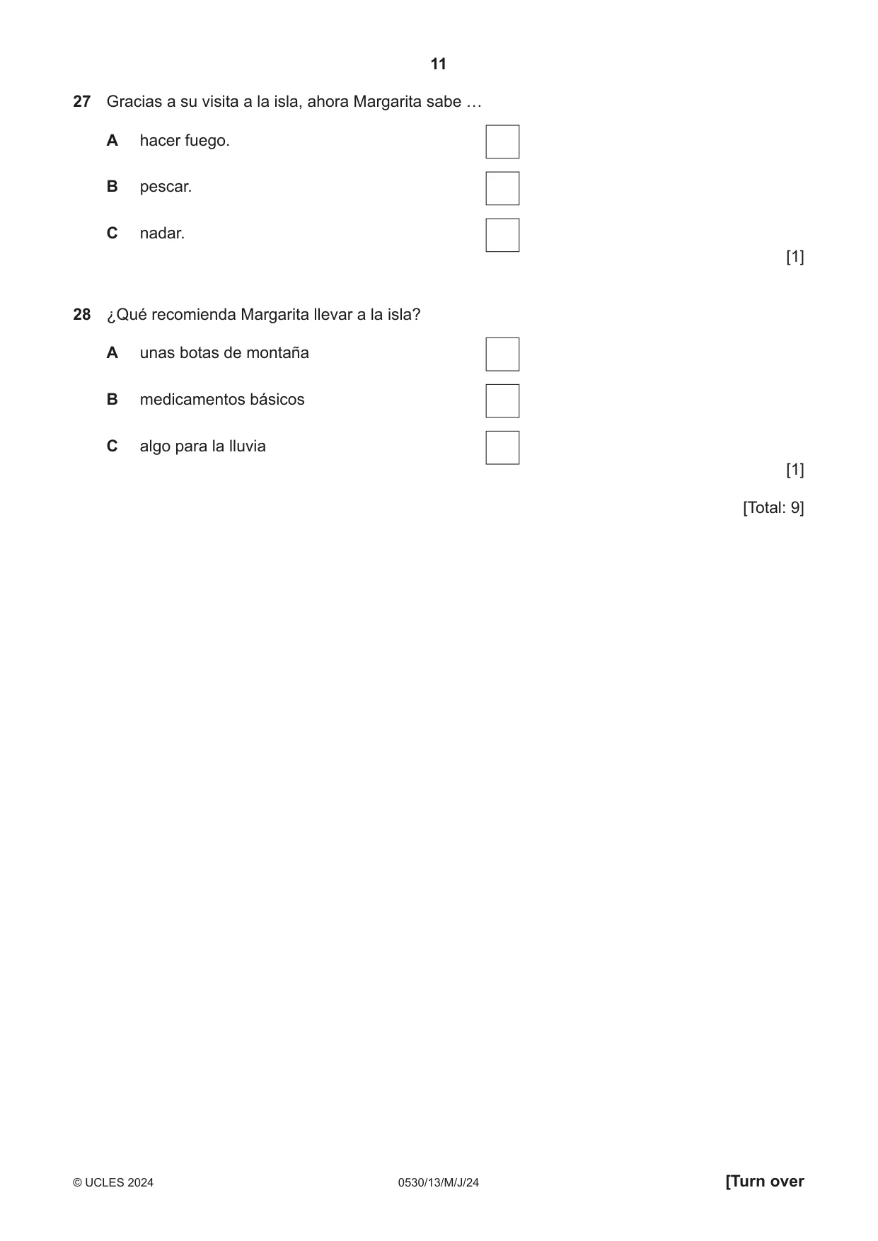 Cambridge IGCSE Spanish - Foreign Language 0530 2024 May/June Paper 1 · Variant 3 question paper, page 11 of 16