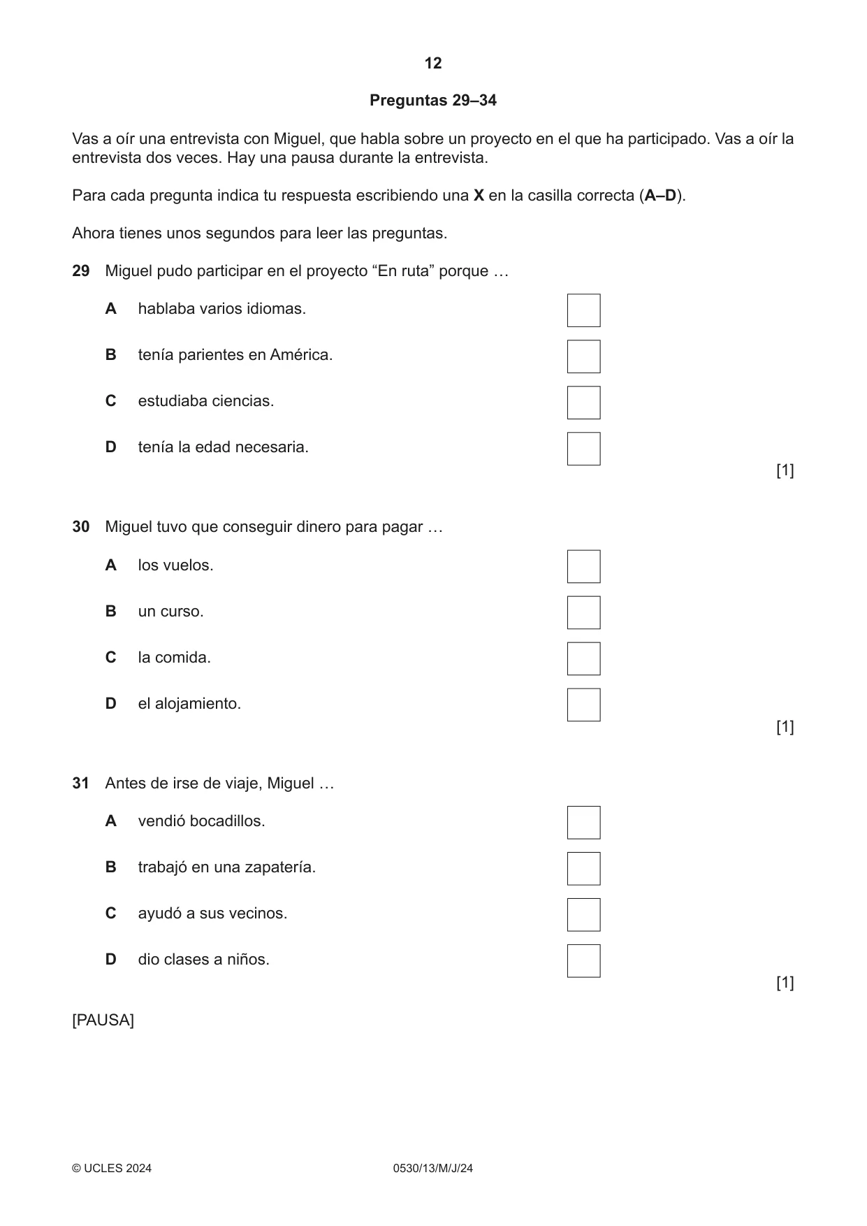 Cambridge IGCSE Spanish - Foreign Language 0530 2024 May/June Paper 1 · Variant 3 question paper, page 12 of 16