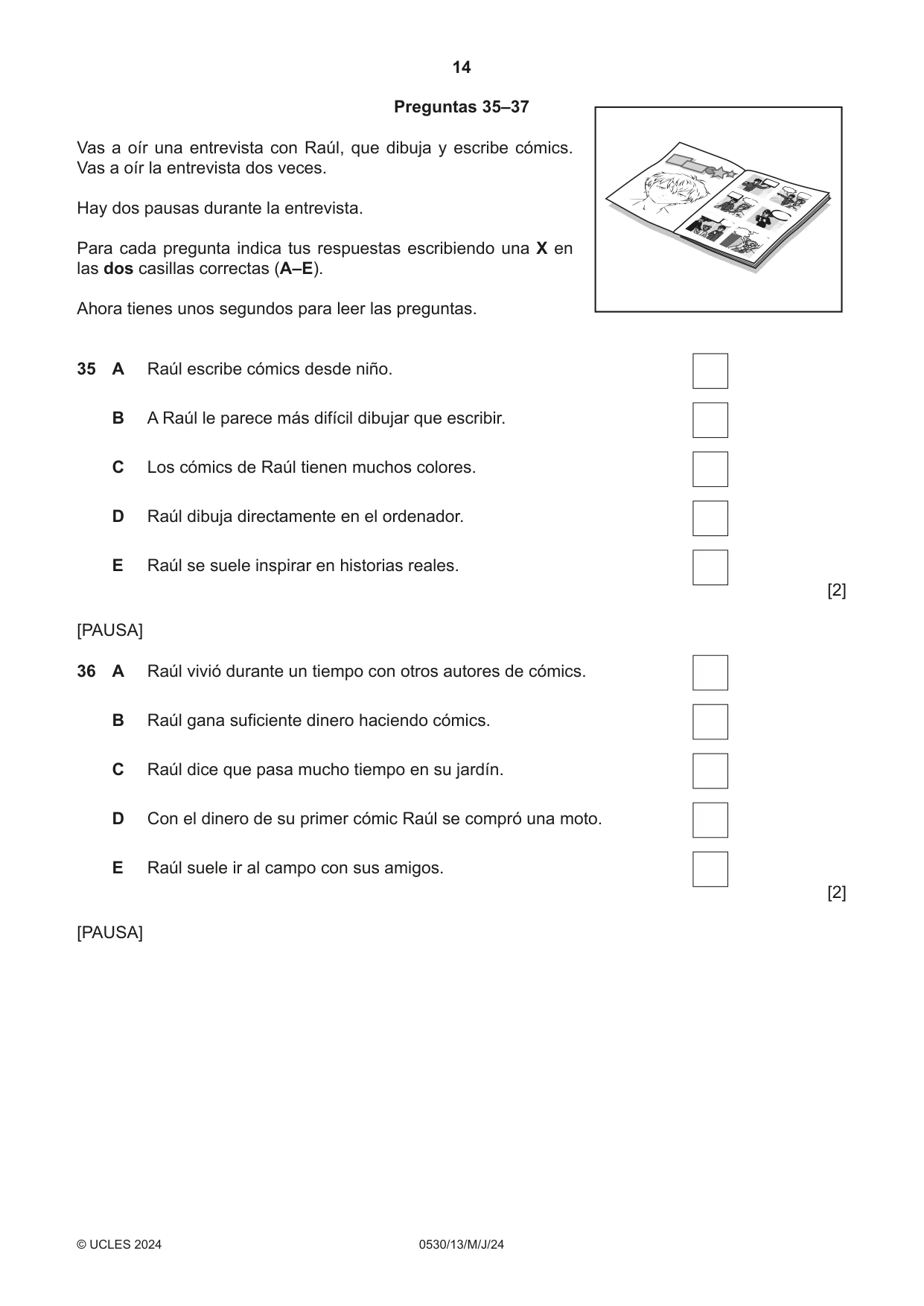 Cambridge IGCSE Spanish - Foreign Language 0530 2024 May/June Paper 1 · Variant 3 question paper, page 14 of 16