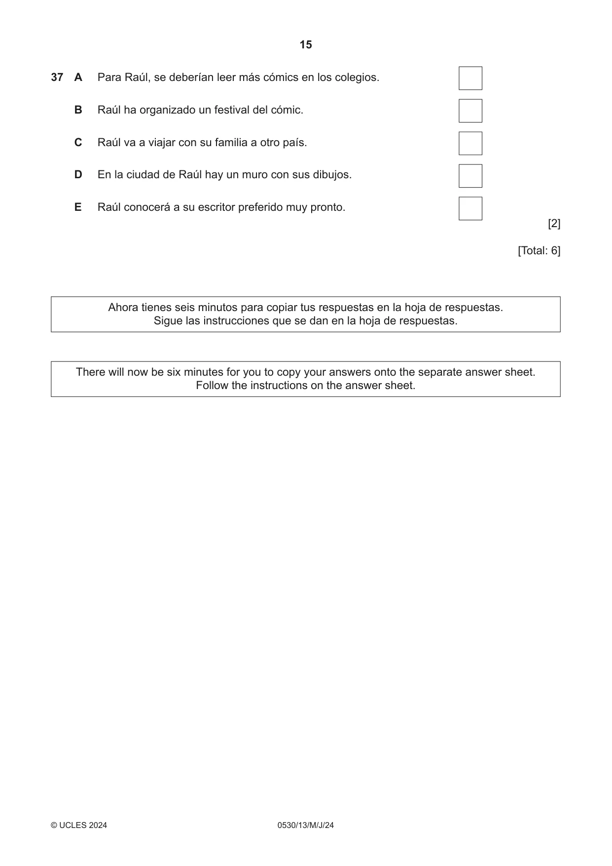 Cambridge IGCSE Spanish - Foreign Language 0530 2024 May/June Paper 1 · Variant 3 question paper, page 15 of 16