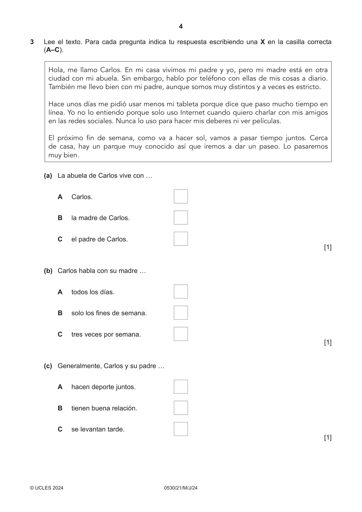 Cambridge IGCSE Spanish - Foreign Language 0530 2024 May/June Paper 2 · Variant 1 question paper, page 4 of 12