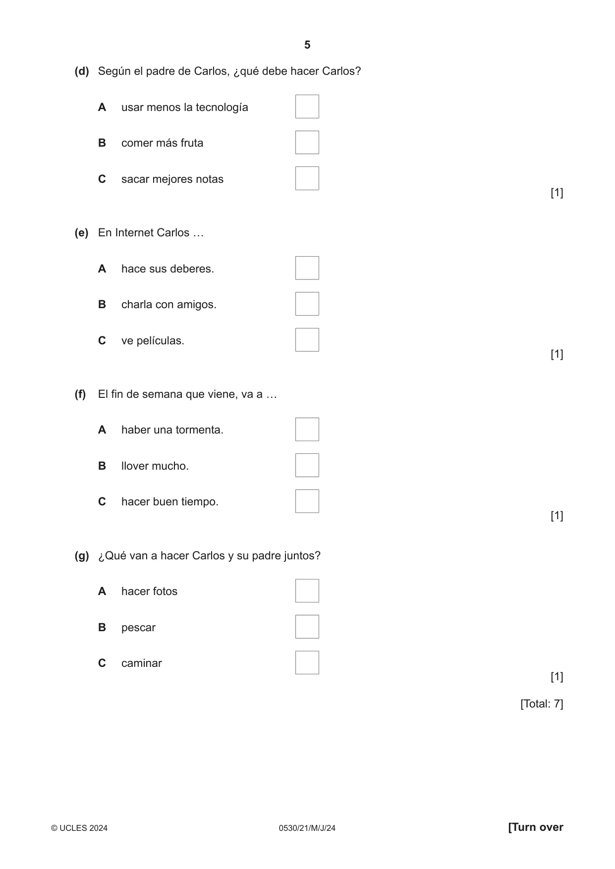 Cambridge IGCSE Spanish - Foreign Language 0530 2024 May/June Paper 2 · Variant 1 question paper, page 5 of 12