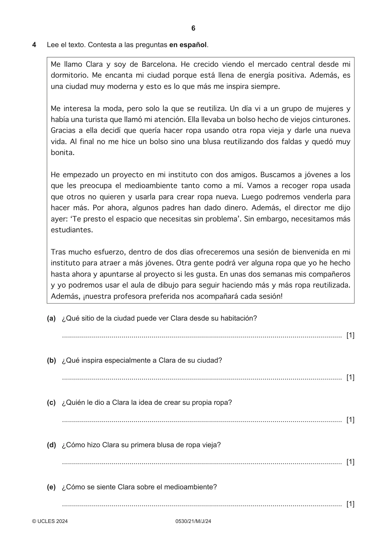 Cambridge IGCSE Spanish - Foreign Language 0530 2024 May/June Paper 2 · Variant 1 question paper, page 6 of 12