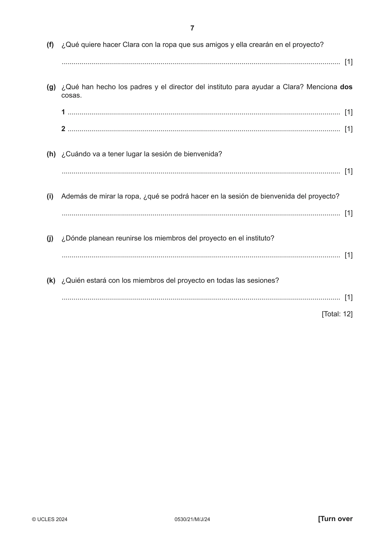 Cambridge IGCSE Spanish - Foreign Language 0530 2024 May/June Paper 2 · Variant 1 question paper, page 7 of 12