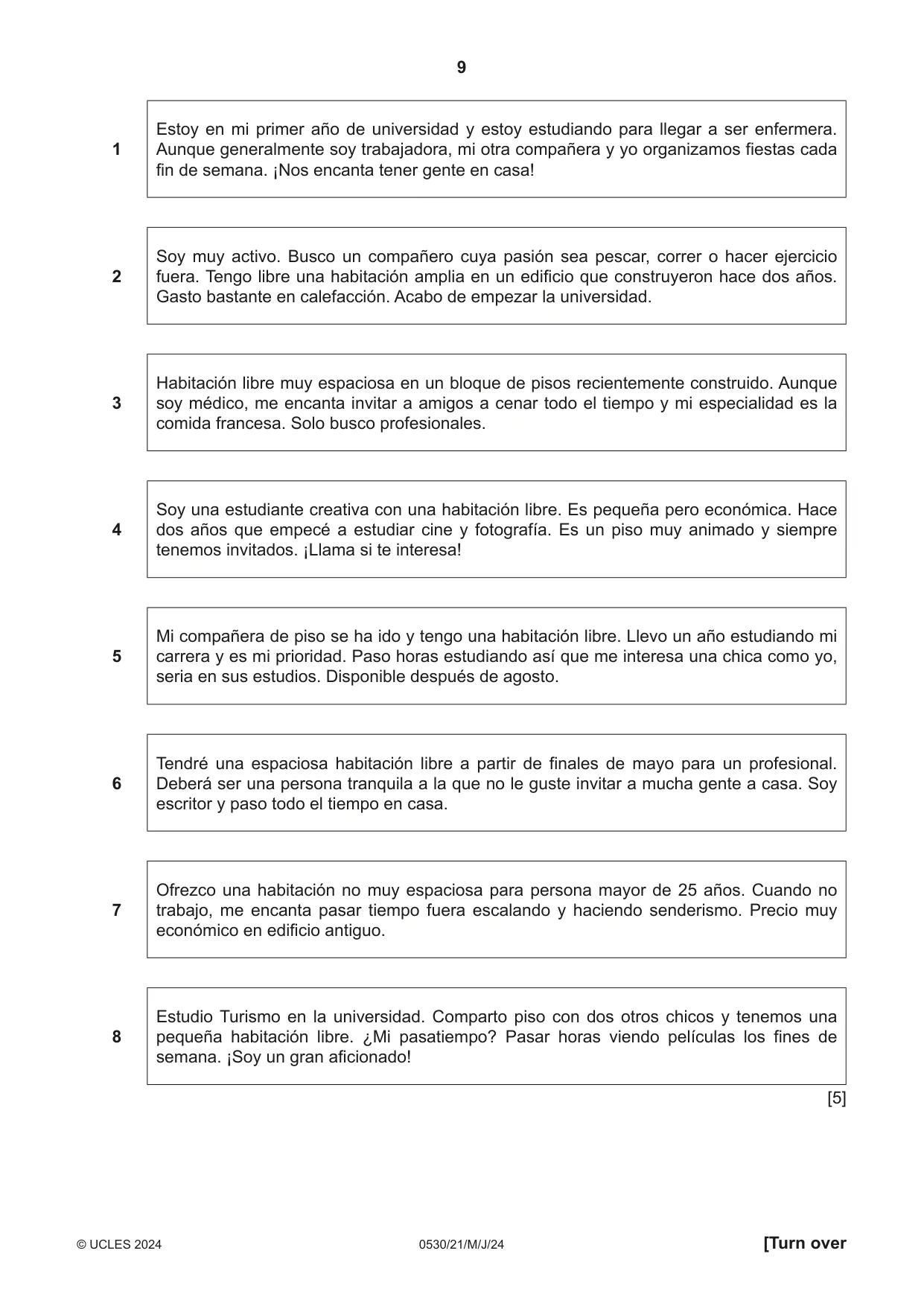 Cambridge IGCSE Spanish - Foreign Language 0530 2024 May/June Paper 2 · Variant 1 question paper, page 9 of 12