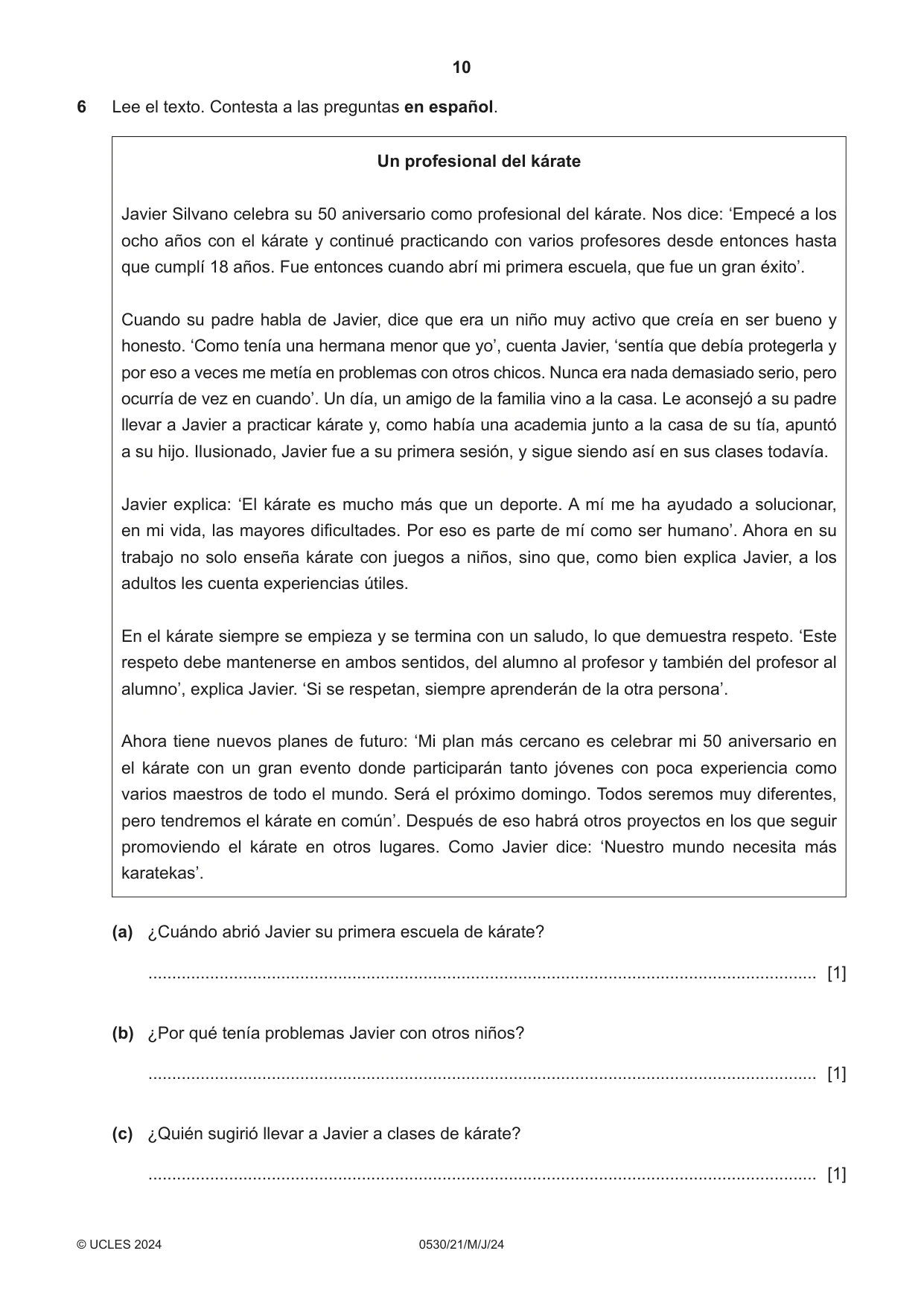 Cambridge IGCSE Spanish - Foreign Language 0530 2024 May/June Paper 2 · Variant 1 question paper, page 10 of 12