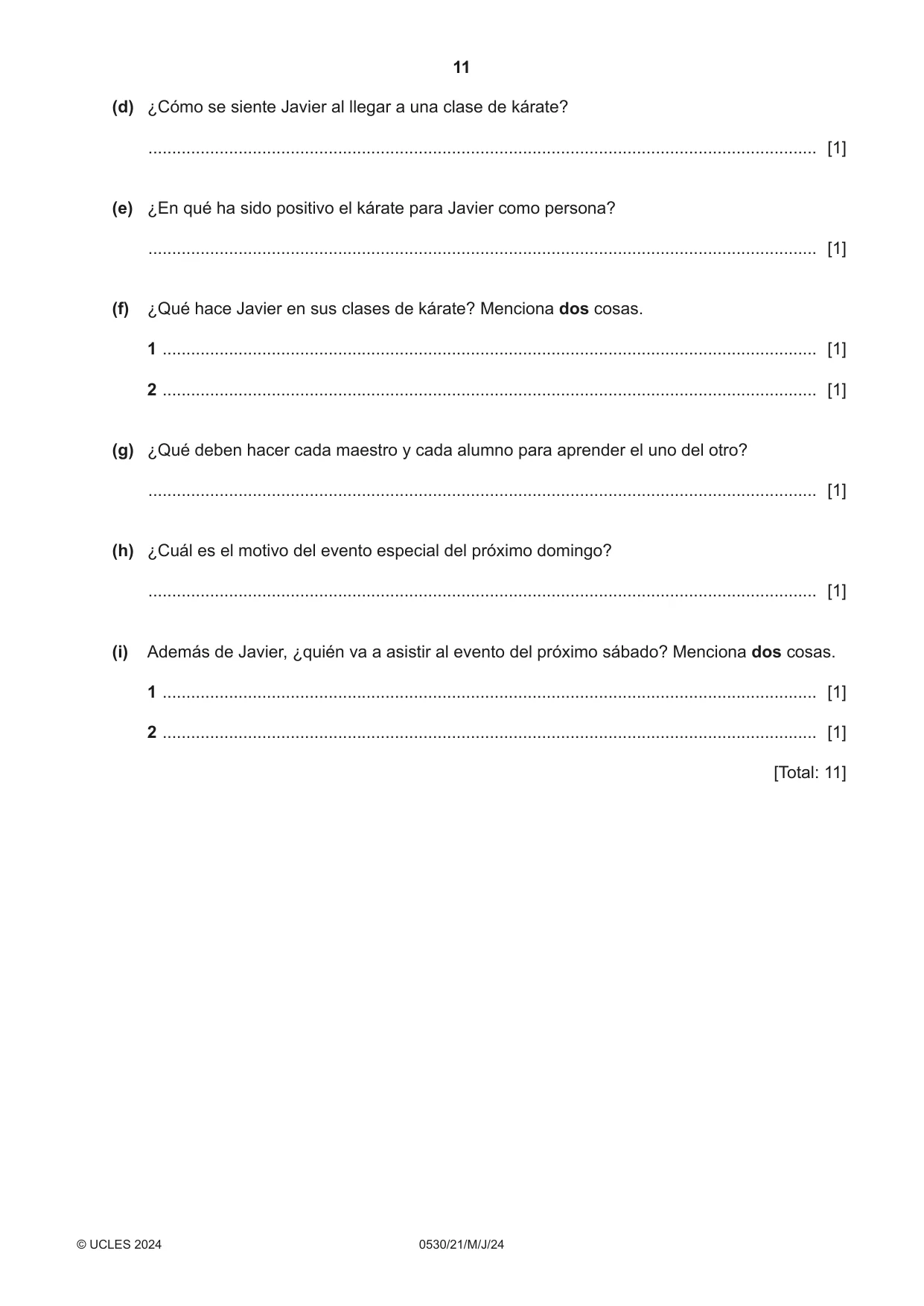 Cambridge IGCSE Spanish - Foreign Language 0530 2024 May/June Paper 2 · Variant 1 question paper, page 11 of 12