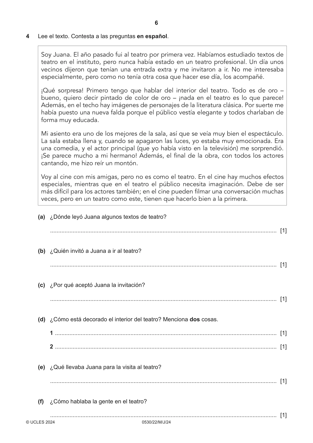 Cambridge IGCSE Spanish - Foreign Language 0530 2024 May/June Paper 2 · Variant 2 question paper, page 6 of 12