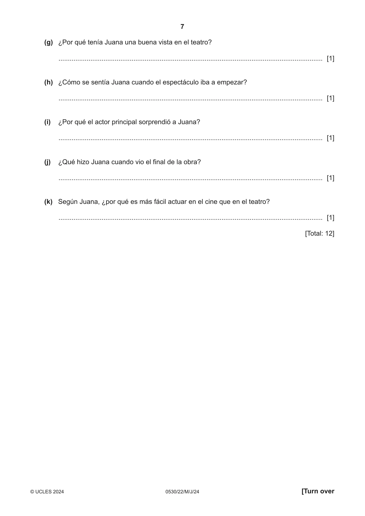 Cambridge IGCSE Spanish - Foreign Language 0530 2024 May/June Paper 2 · Variant 2 question paper, page 7 of 12