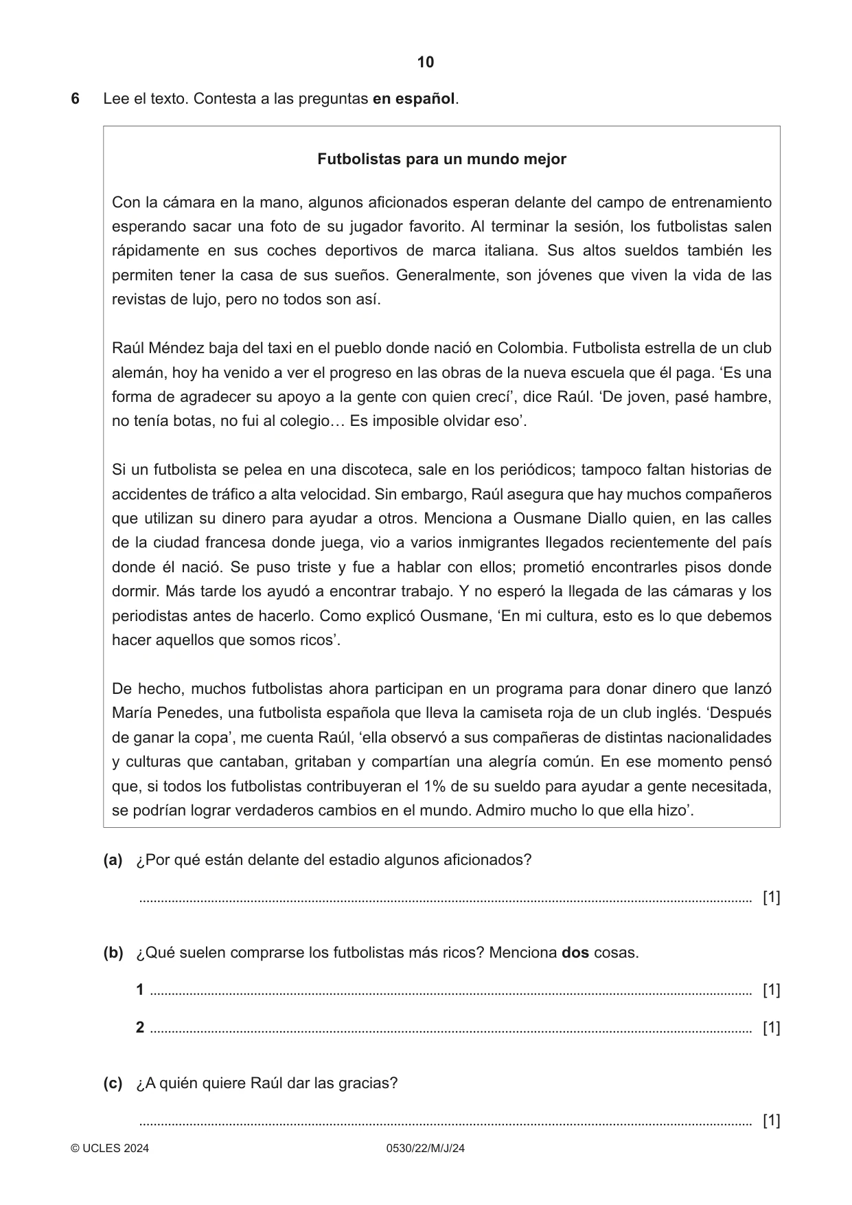 Cambridge IGCSE Spanish - Foreign Language 0530 2024 May/June Paper 2 · Variant 2 question paper, page 10 of 12