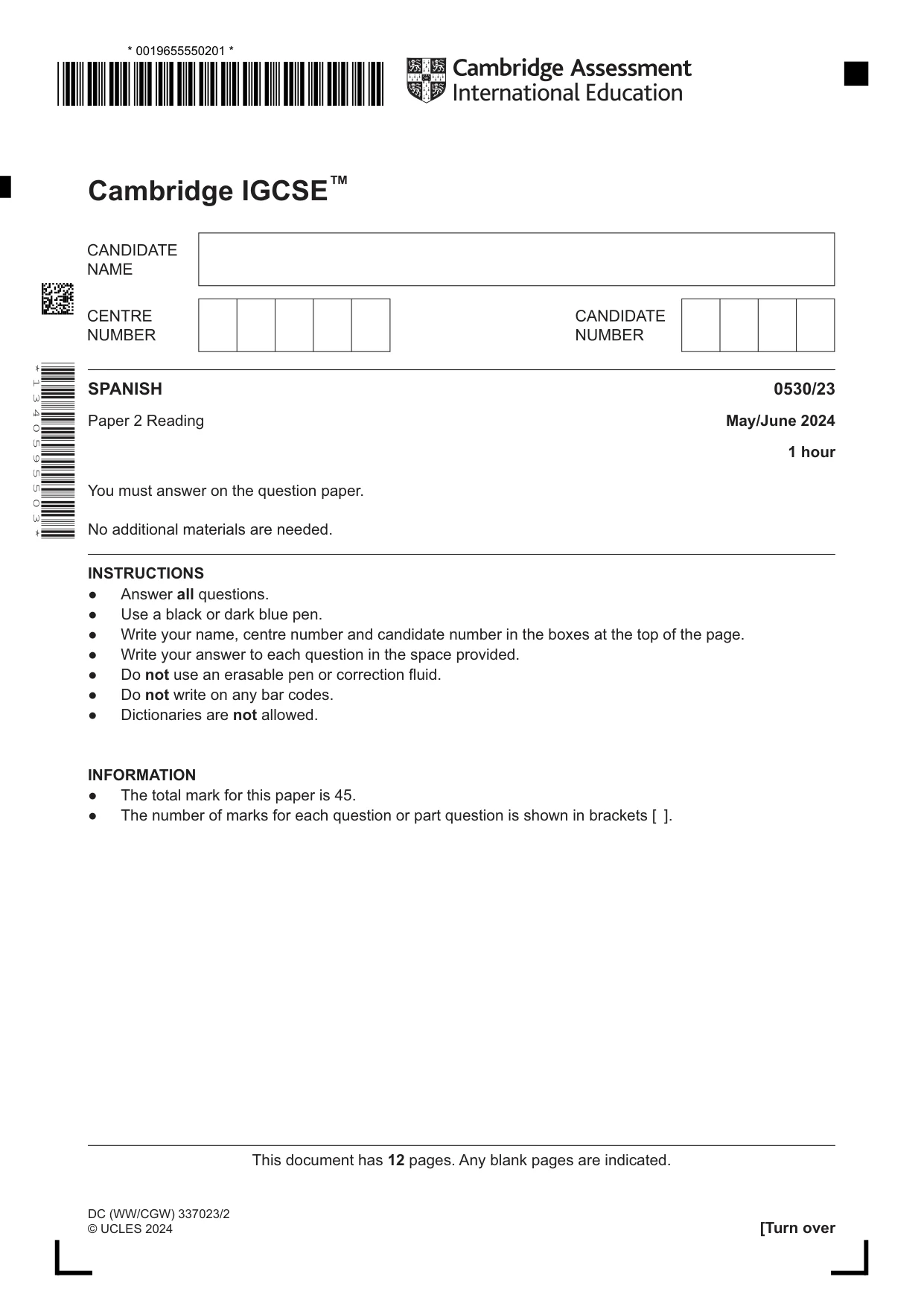 Cambridge IGCSE Spanish - Foreign Language 0530 2024 May/June Paper 2 · Variant 3 question paper, page 1 of 12