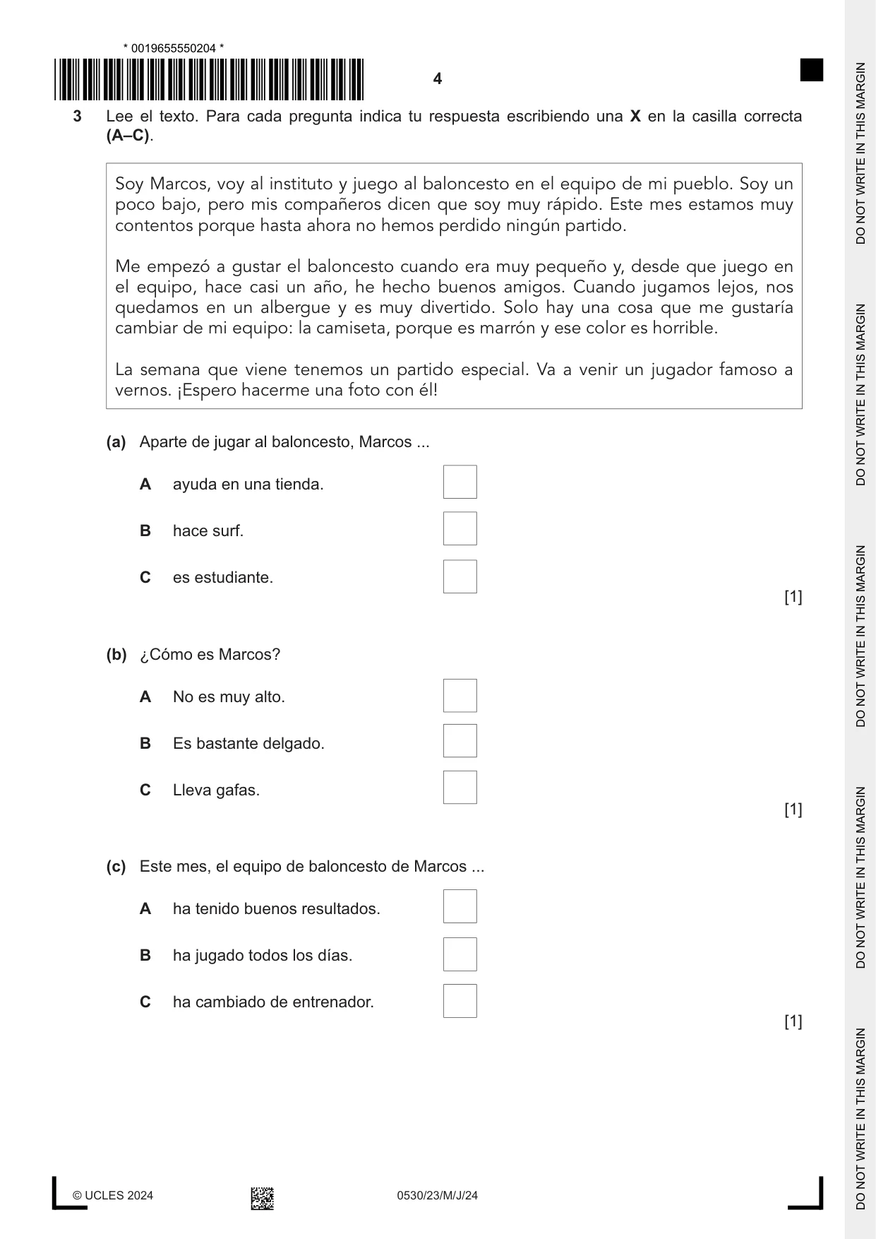 Cambridge IGCSE Spanish - Foreign Language 0530 2024 May/June Paper 2 · Variant 3 question paper, page 4 of 12