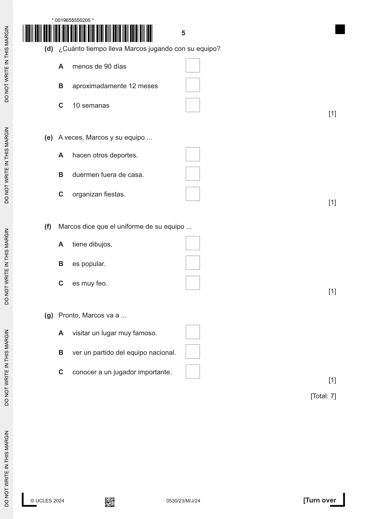 Cambridge IGCSE Spanish - Foreign Language 0530 2024 May/June Paper 2 · Variant 3 question paper, page 5 of 12