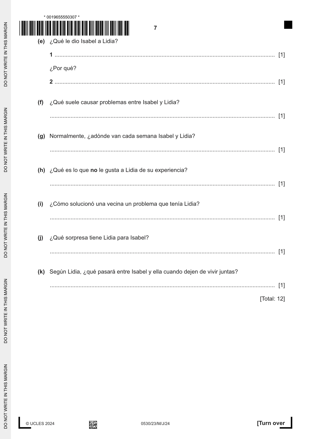 Cambridge IGCSE Spanish - Foreign Language 0530 2024 May/June Paper 2 · Variant 3 question paper, page 7 of 12