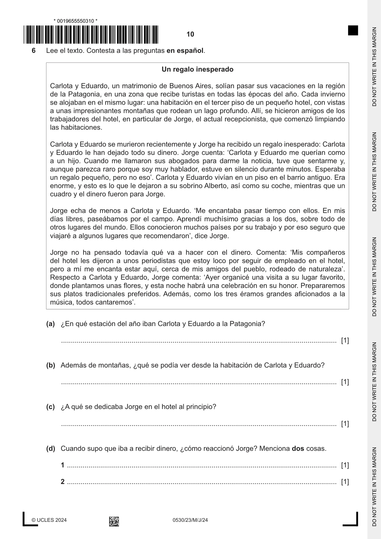 Cambridge IGCSE Spanish - Foreign Language 0530 2024 May/June Paper 2 · Variant 3 question paper, page 10 of 12