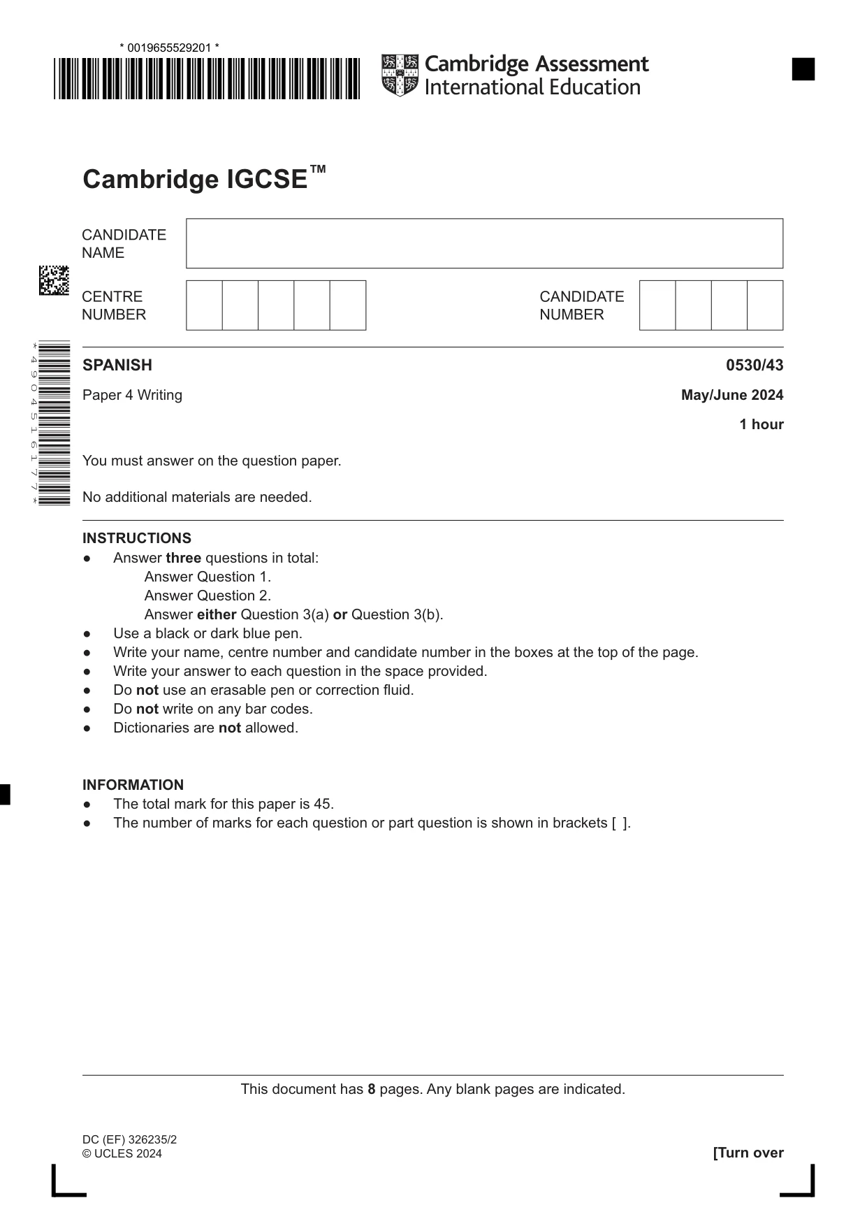 Cambridge IGCSE Spanish - Foreign Language 0530 2024 May/June Paper 4 · Variant 3 question paper, page 1 of 8