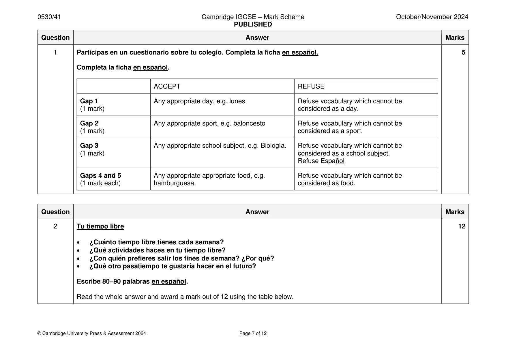 Mark scheme, page 7 of 12