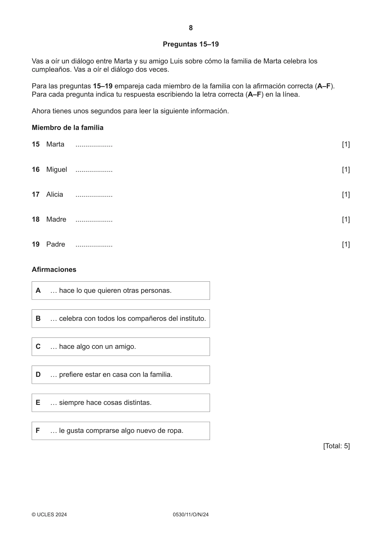 Cambridge IGCSE Spanish - Foreign Language 0530 2024 Oct/Nov Paper 1 · Variant 1 question paper, page 8 of 16