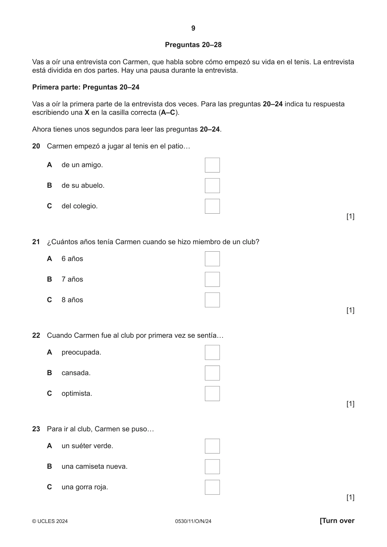 Cambridge IGCSE Spanish - Foreign Language 0530 2024 Oct/Nov Paper 1 · Variant 1 question paper, page 9 of 16