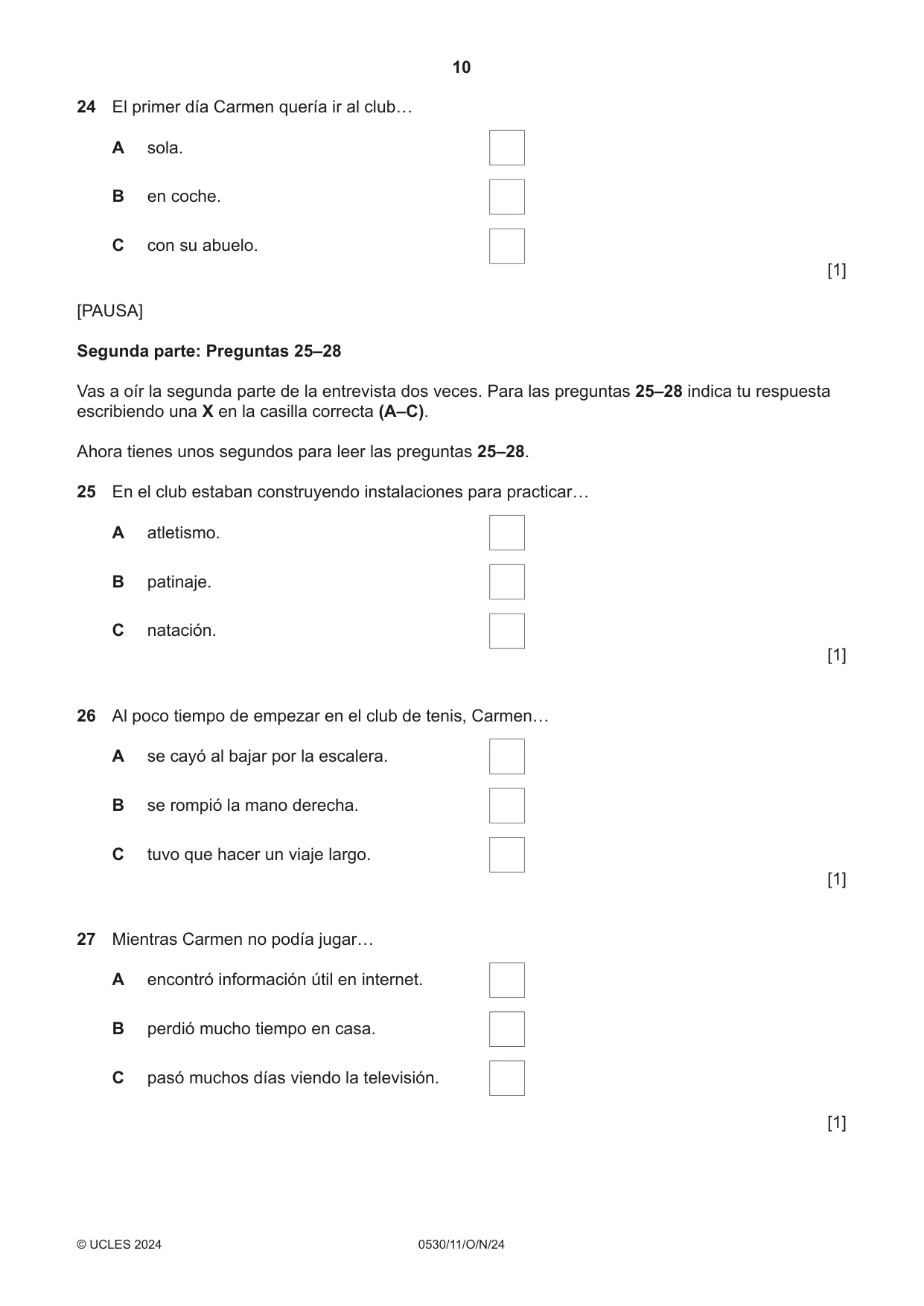Cambridge IGCSE Spanish - Foreign Language 0530 2024 Oct/Nov Paper 1 · Variant 1 question paper, page 10 of 16