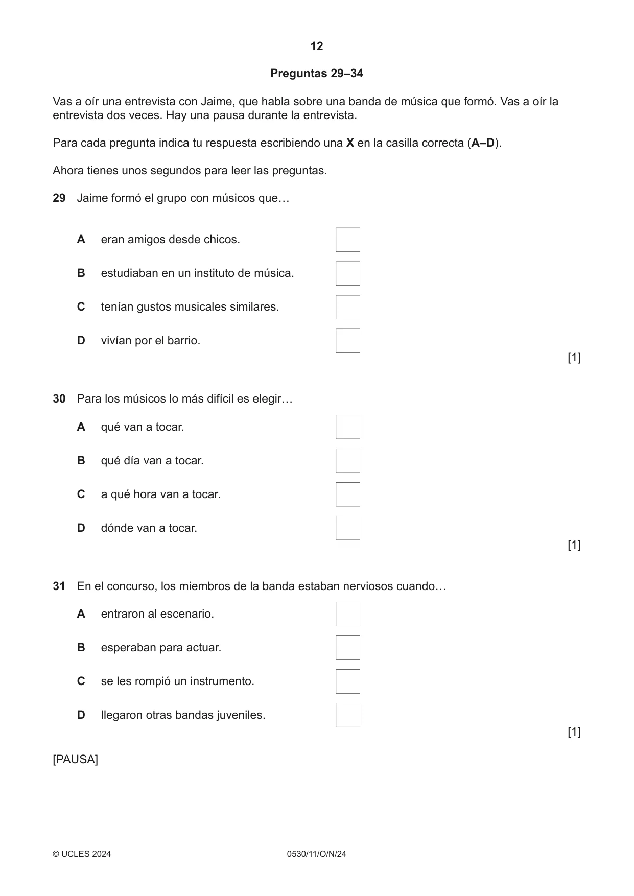 Cambridge IGCSE Spanish - Foreign Language 0530 2024 Oct/Nov Paper 1 · Variant 1 question paper, page 12 of 16