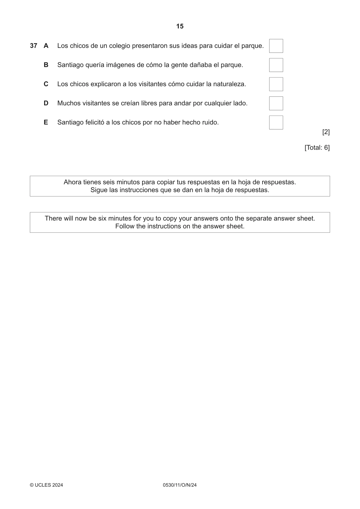 Cambridge IGCSE Spanish - Foreign Language 0530 2024 Oct/Nov Paper 1 · Variant 1 question paper, page 15 of 16