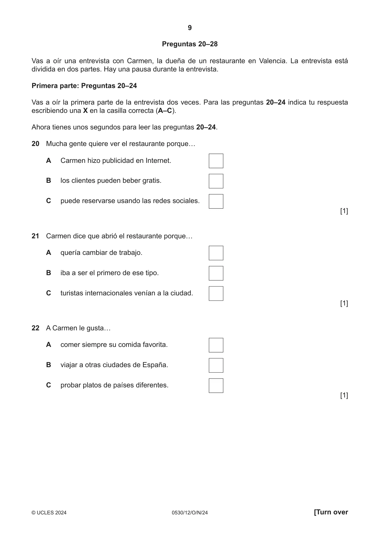 Cambridge IGCSE Spanish - Foreign Language 0530 2024 Oct/Nov Paper 1 · Variant 2 question paper, page 9 of 16