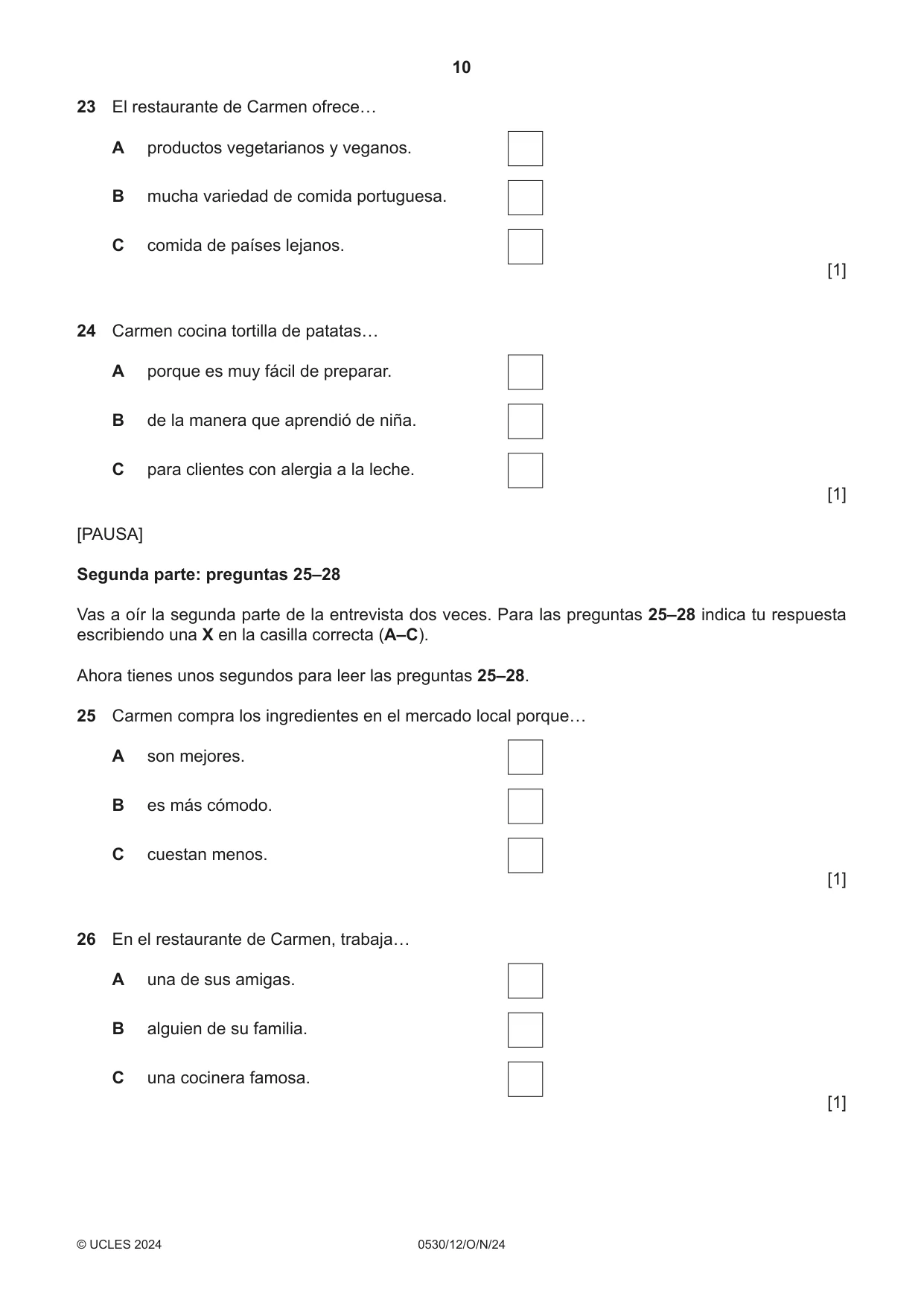 Cambridge IGCSE Spanish - Foreign Language 0530 2024 Oct/Nov Paper 1 · Variant 2 question paper, page 10 of 16